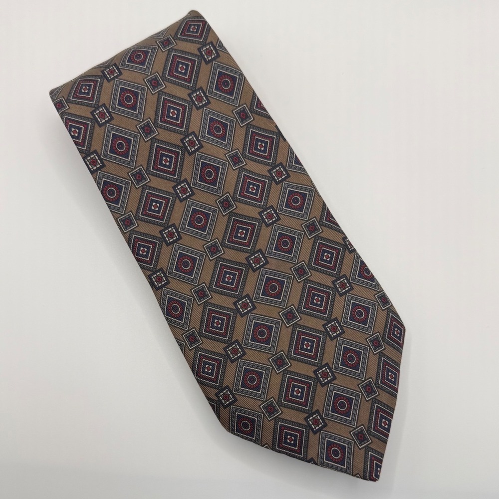 Oscar de la Renta Necktie OS Geometric Diamond Silk Tan Navy Red Classic Preppy